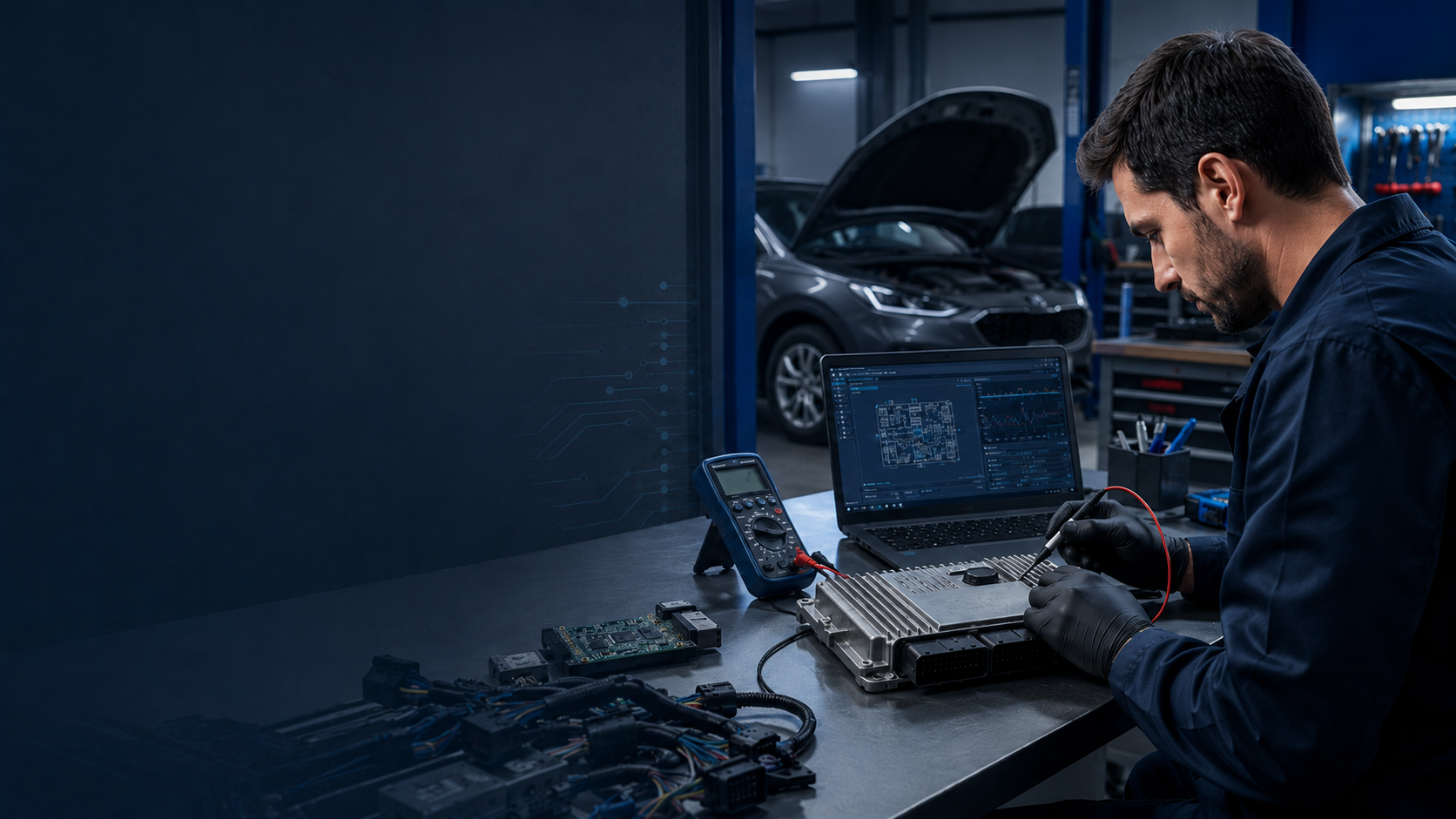 Técnico trabajando con una ECU en un taller moderno de electrónica automotriz.