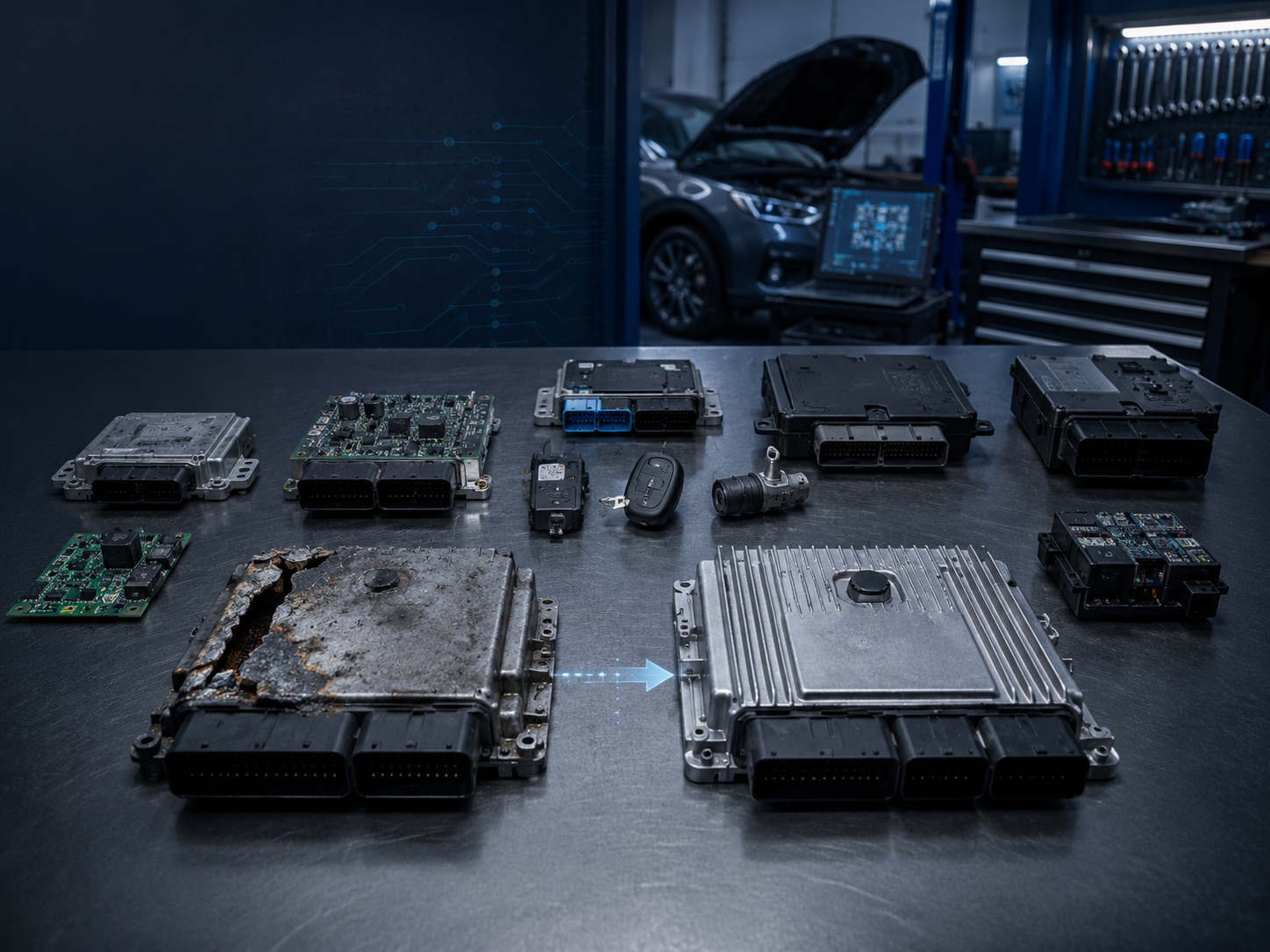 Comparativa entre módulo automotriz dañado, módulo nuevo y componentes relacionados con llaves e inmovilizador.