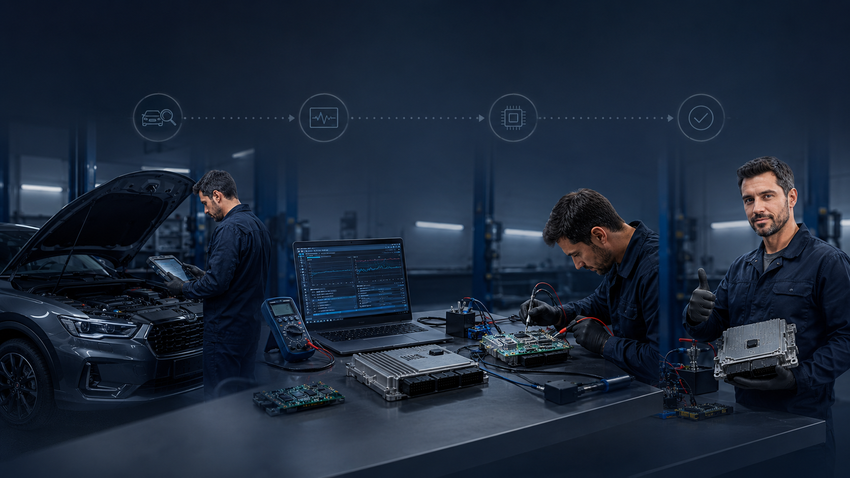 Flujo de trabajo de diagnóstico, análisis, reparación y validación final en electrónica automotriz.