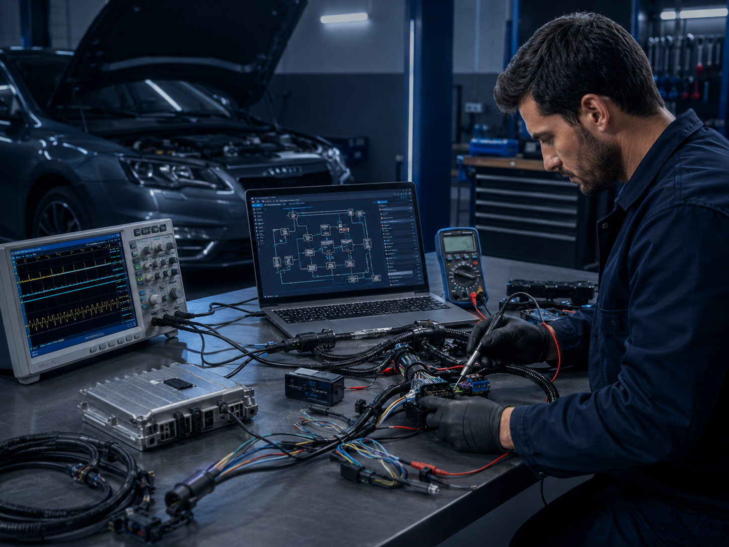 Diagnóstico eléctrico automotriz con osciloscopio, laptop y arnés de pruebas.