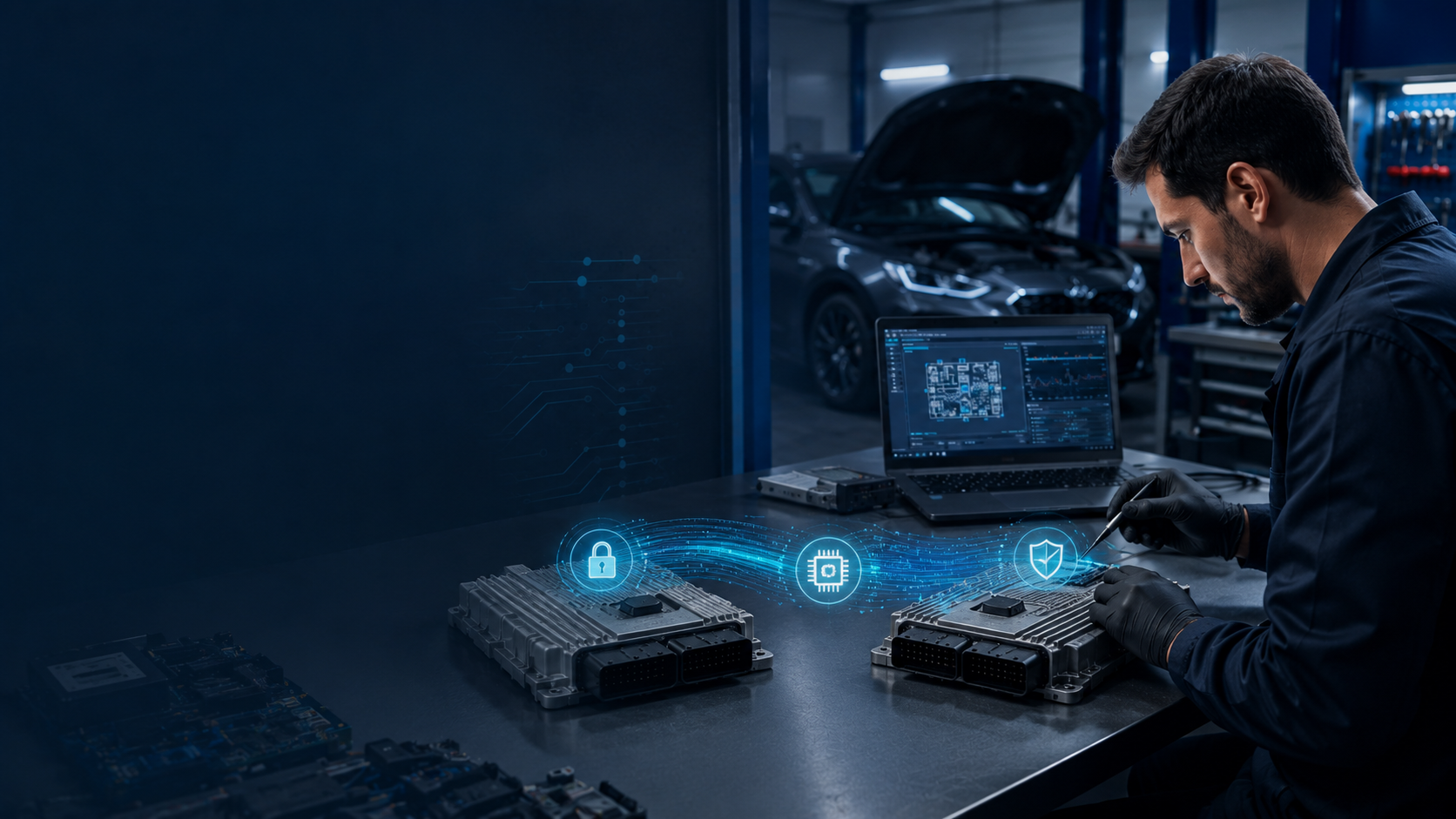 Programación y transferencia segura de datos entre módulos automotrices.