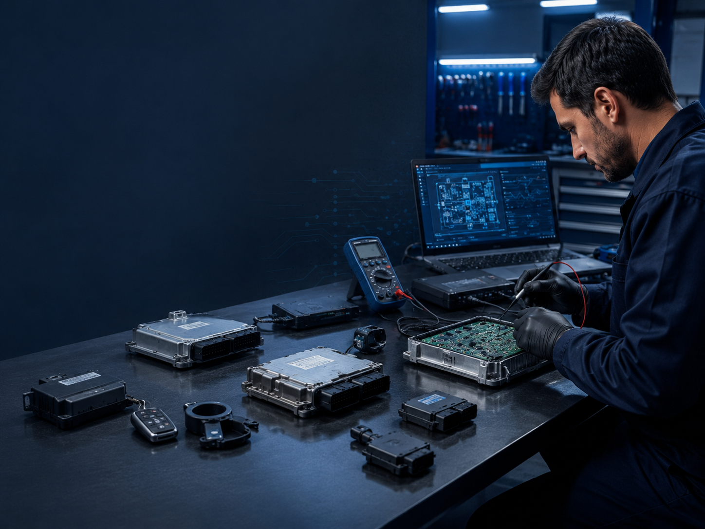 Técnico trabajando en el diagnóstico y revisión de una ECU en banco.